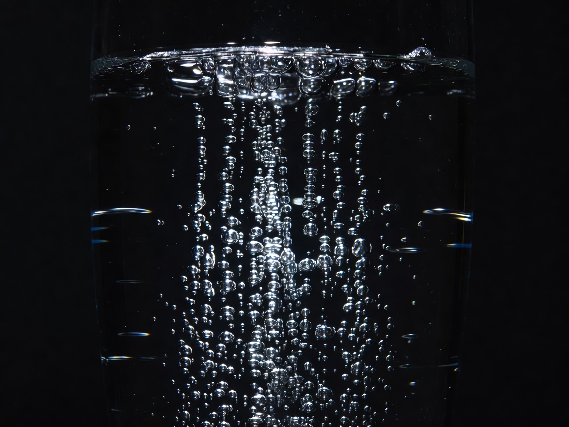Backlit streams of bubbles rising through a dark glass of sparkling water