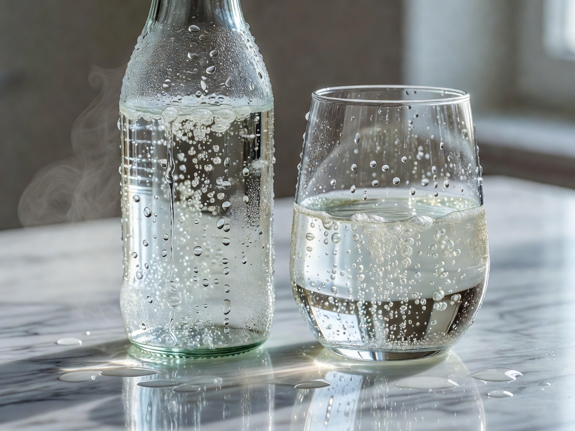 Water droplets covering a chilled bottle beside a glass