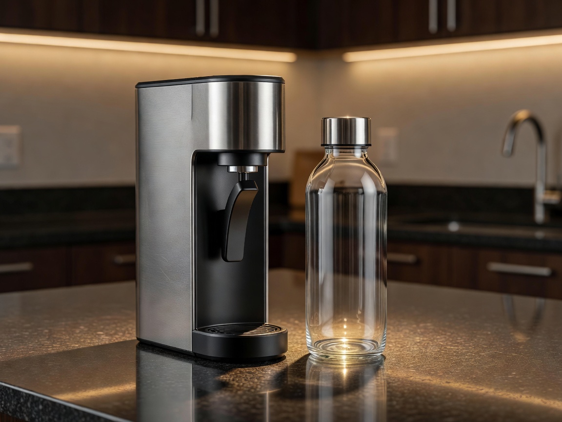 A home sparkling-water maker and its matching bottle on a dark kitchen counter